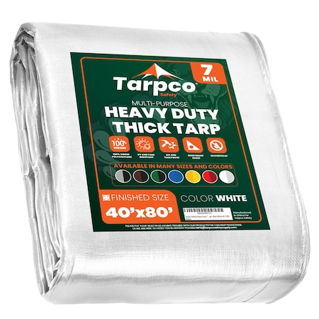 Tarpco Safety Heavy Duty Tarp, 80 ft L x 0.5 mm H x 40 ft W, 7 Mil, White, Polyethylene TS-204-40X80
